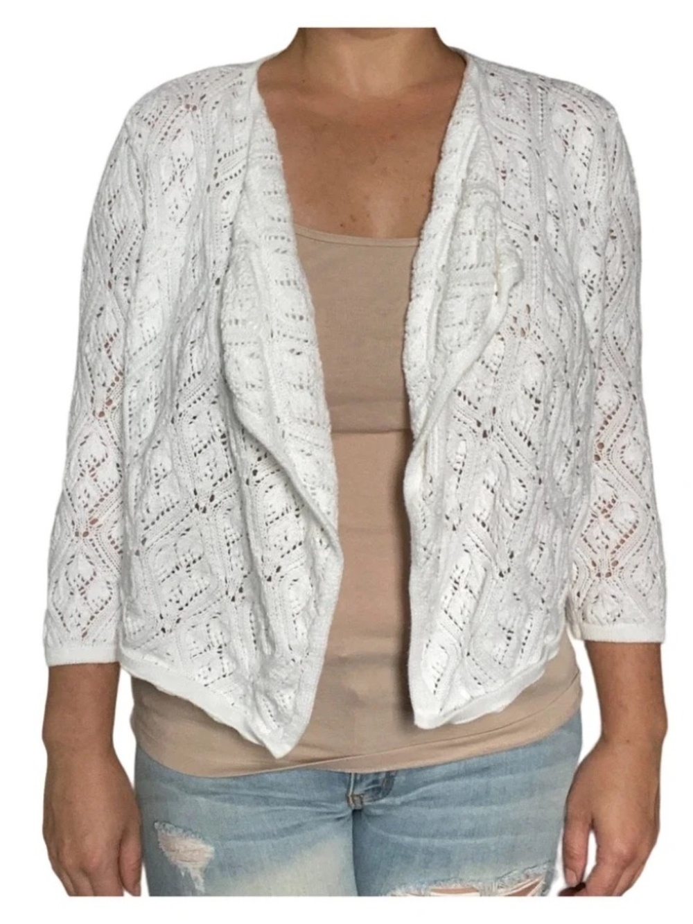Jeanne Pierre Open Front Cardigan Size Small White Cropped 100% Cotton M